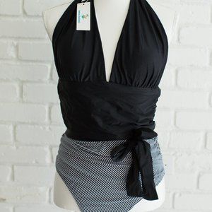 Tankini Swimsuit, with Belt, Stripped and black, XL